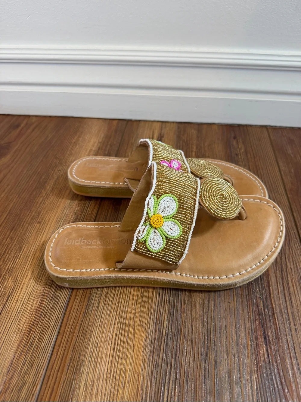 LaidbackLondon sandals handmade leather Beaded Flower Medallion  size 6 EU 36